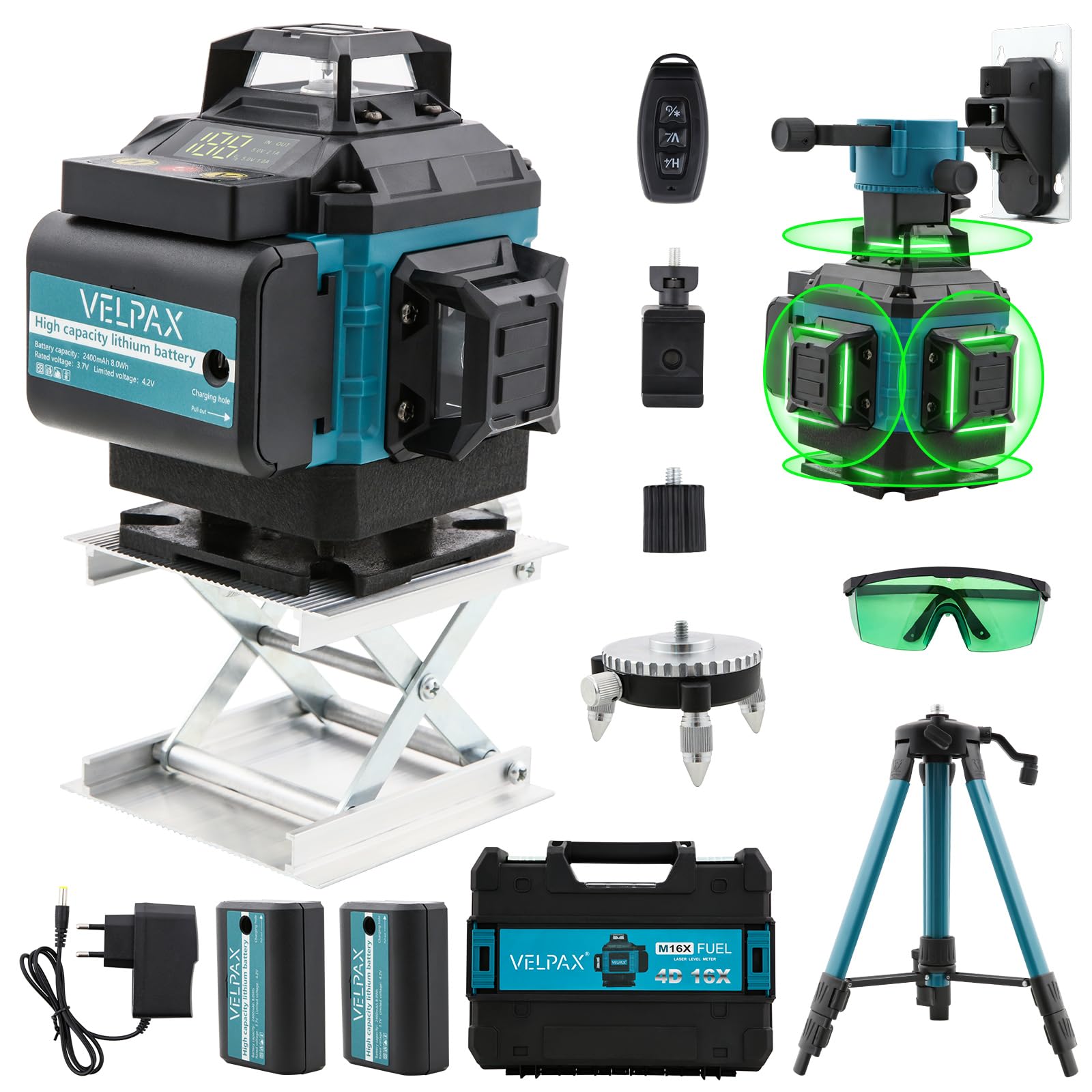 Laser Spirit Level with Tripod,4x360° Self-Leveling Laser Level with 16 Green Lines,LED Display,Remote Control,Pulse Mode,Tool Box,and IP54 Waterproof
