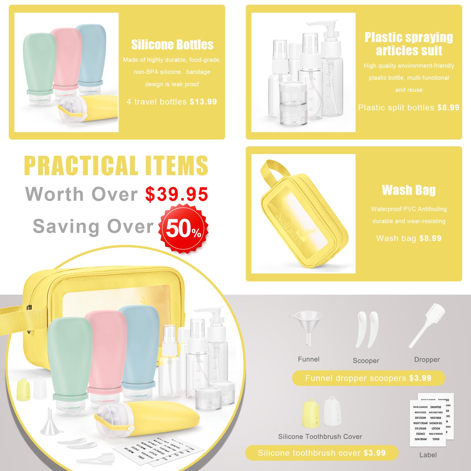 Set 18 Bottiglie da Viaggio in Silicone Approvati per l'Aviazione con Etichette e Beauty Case