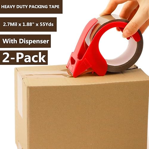 Miniatura 2 de CHUANGSEED Paquete de 2 cintas de embalaje marrón con dispensador, 2.7 mil x 1.88 pulgadas x 55 años, cinta de embalaje resistente para cajas