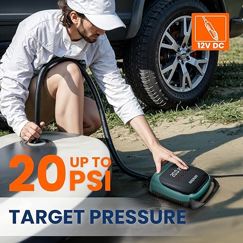 Miniatura 4 de Overmont Paddle Board Pump Electric Portable, 20PSI SUP Air Pump with Auto-Off, Fast Dual Stage Inflation & Deflation, LCD Display, 12V Car Adapter