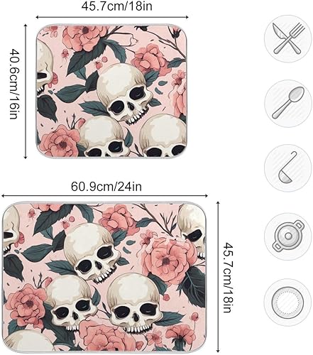 Miniatura 3 de Reversible Dish Drying Mats, Funny Skulls Pink Flowers Microfiber Coffee Bar Mat, Quick Drying Dish Drying Rack Mat Countertop Protector Mat, 16 x
