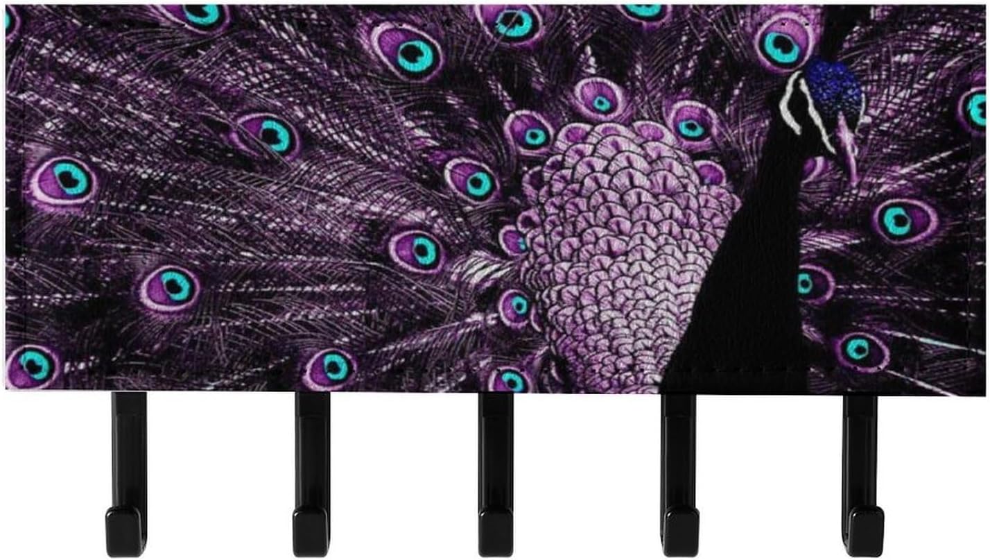 Key Holder Wall Mount Key Hanger with 5 Hooks, Decorative Key Rack | Purple Peacock Hanging Key Hooks with Mail Organizer for Wall Living Room Kitchen Bathroom Hallway