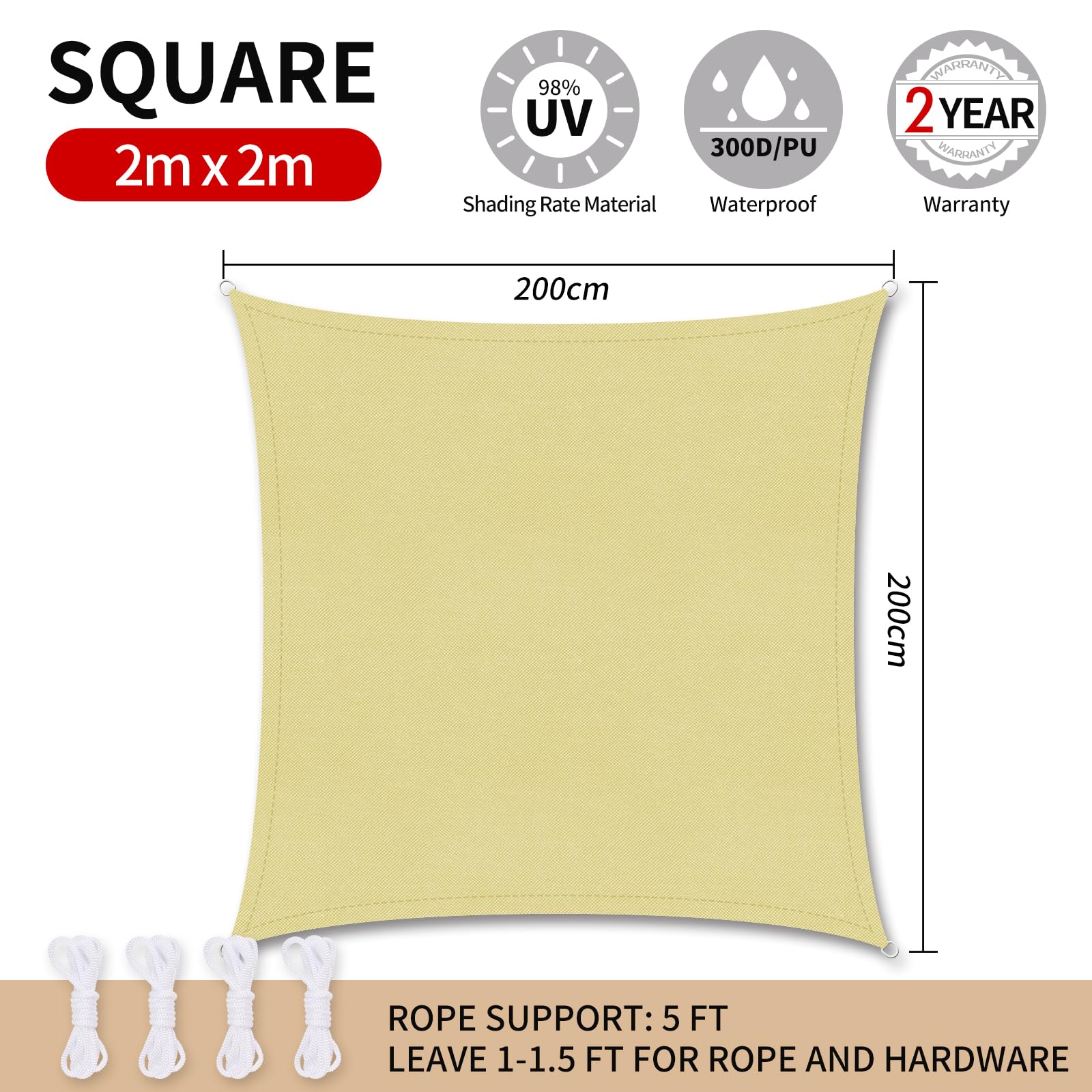 RICHIE Sun Shade Sail Square 2m x 2m Waterproof, 98% UV Block Awnings for Patios with Free Rope Sunscreen Awning Canopy - Image 3