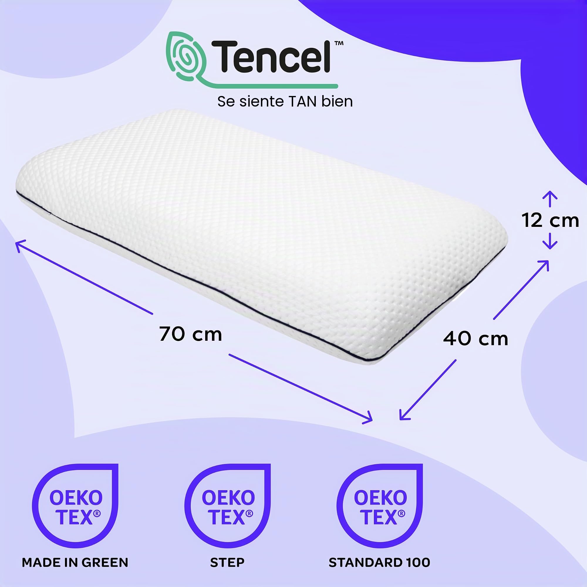 Wolkenfeld Almohada Viscoelastica Memory Foam 70x40x12 - Almohada Cervical Transpirable y Cómodo - Soporte Óptimo para Cuello, Espalda y Hombros - Fibra Tencel - Certificado Oeko-Tex