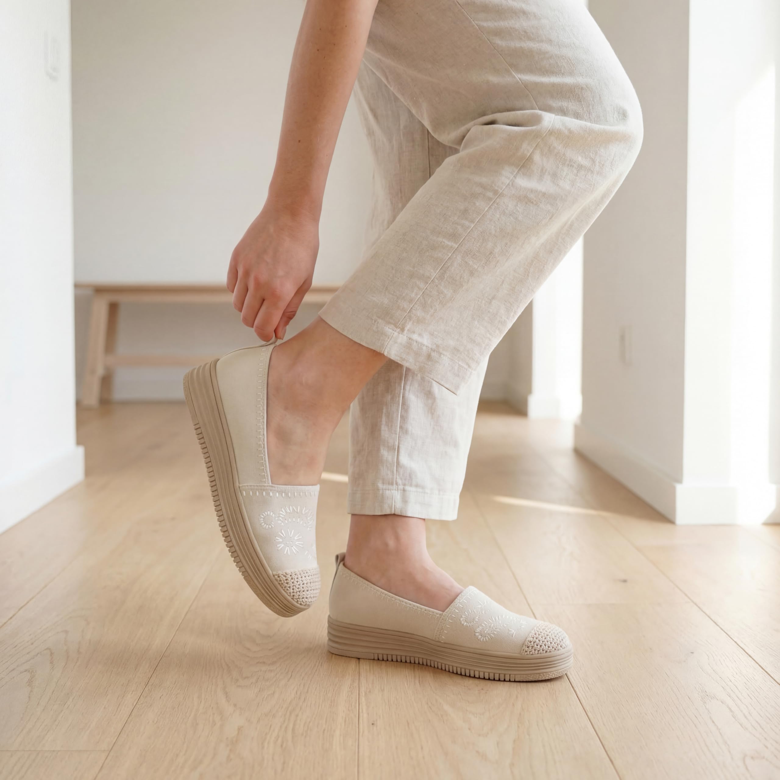 GLAMORA Bailarinas Mujer Manoletinas Merceditas Slip On Lona Zapatos Planos Plataforma Baja Zapatillas Casual Cómodas Primavera Verano Puntera Crochet Estilo Esparto con Detalle Bordado