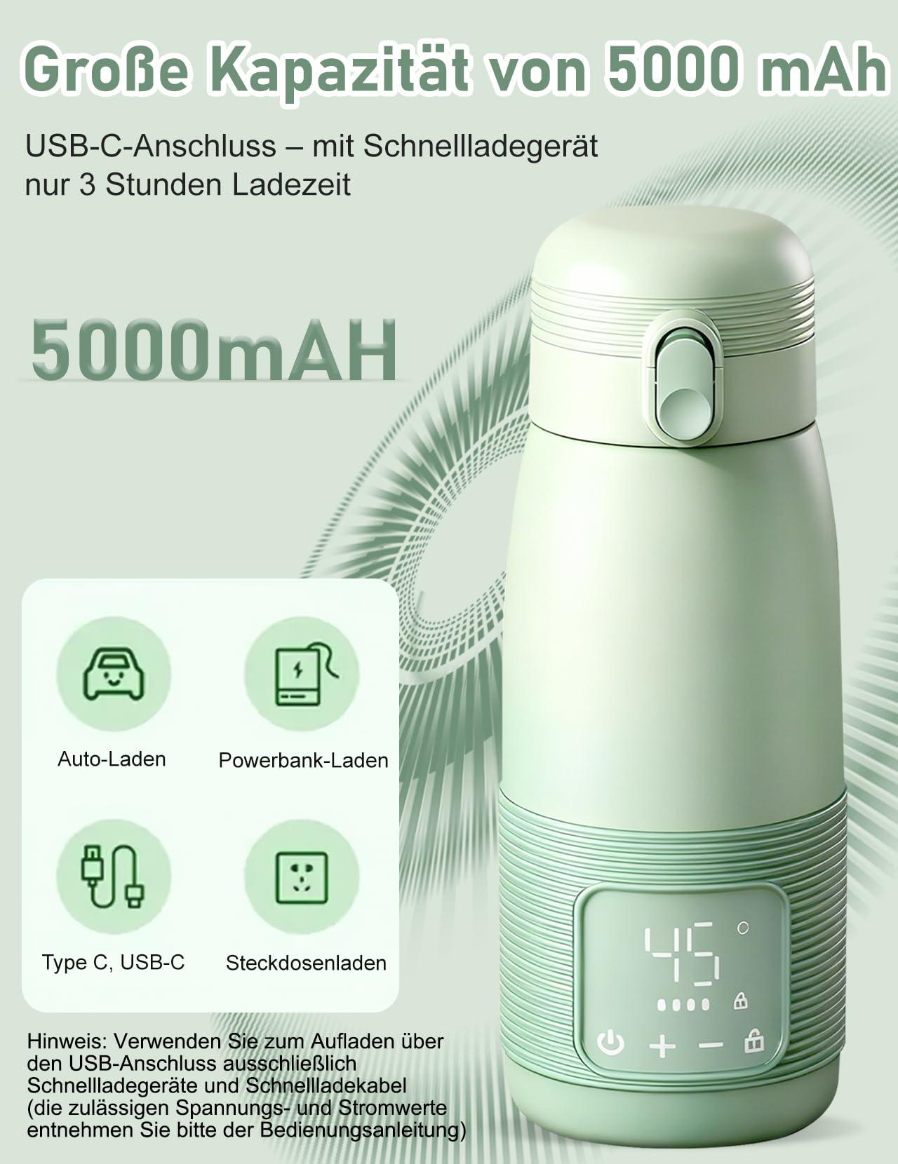 Tragbarer Flaschenwärmer, 500ml Flaschenwärmer Baby Unterwegs Präzise Temperaturkontrolle 37 Bis 55 Grad Einstellbar für Reisen Nachtfütterung (Grün)