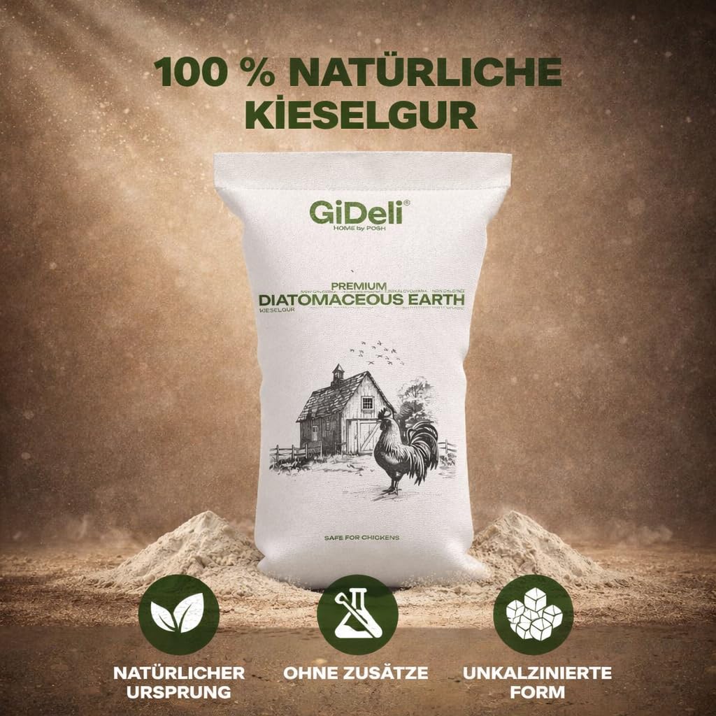 GiDeli Kieselgur 20kg - Diatomeenerde Hühner vor Parasiten Schützen - Silikatpulver mit Vielseitigen Anwendungsmöglichkeiten - Naturpulver Keine Künstlichen Zusatzstoffe
