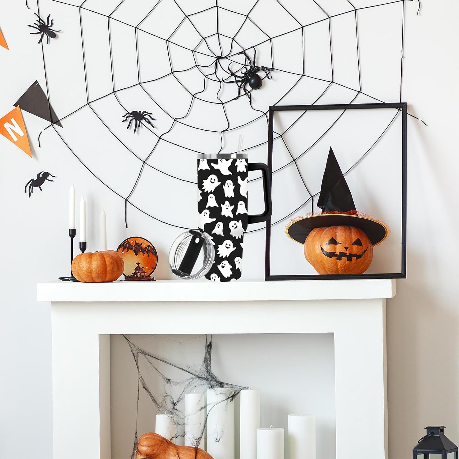 JarThenaAMCS Halloween Tumbler with Lid and Straw 40oz Black White Ghost Tumbler with Handle Cute Boo Stainless Steel Cup for Home Office Travel - Image 7