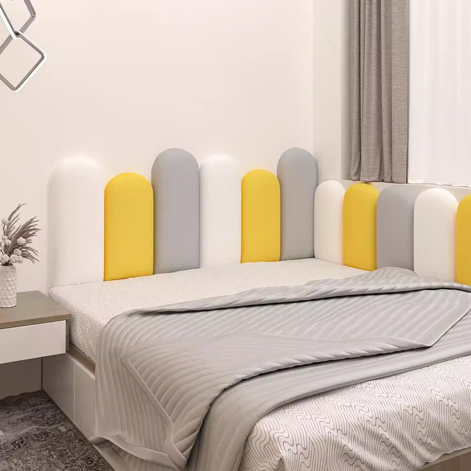 Headboard 3D wall stickers Waterproof scratch-resistant Anti-collision Peel and stick Soft backrest Decorative wall panels(White+gray+yellow,200 x 60cm)
