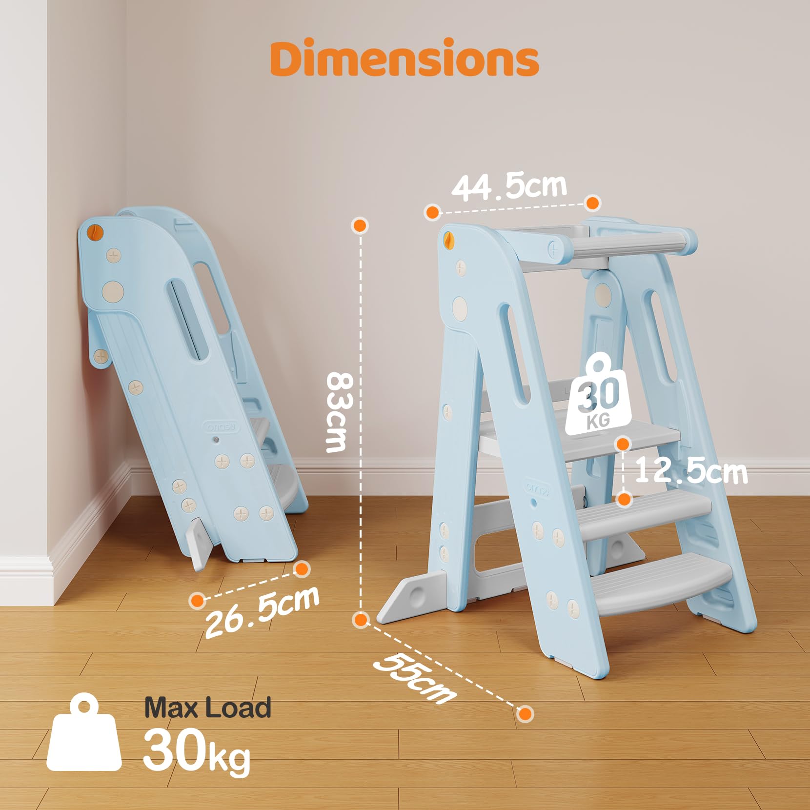 Onasti Torre de Aprendizaje Niños, Plegable, Torre de Aprendizaje Montessori, Escalón para niños Ajustable en Altura de 2 a 3 escalones, Torre Aprendizaje para Cocina, baño y lavabos (Azul)