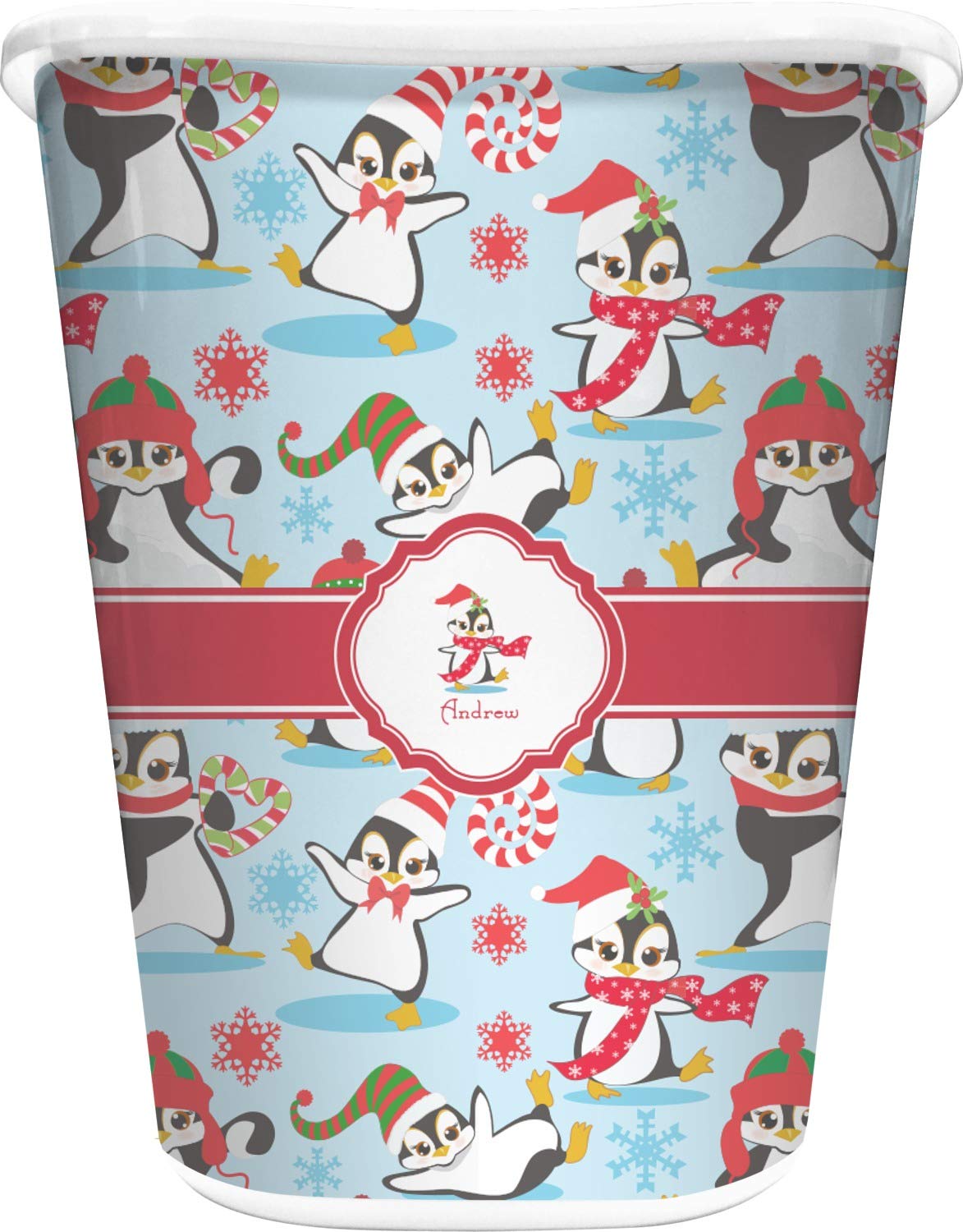 RNK Shops Personalized Christmas Penguins Waste Basket - Double Sided (White)