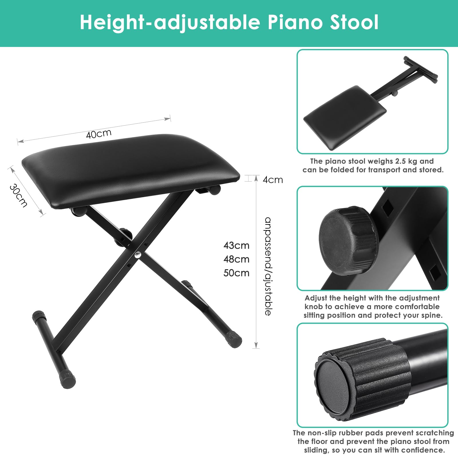 MAMIZO Tabouret Piano Réglable en Hauteur, Siege Piano en Forme de X, Banc Piano Pliable, Piano Throne Rembourré en Cuir Synthétique, Noir