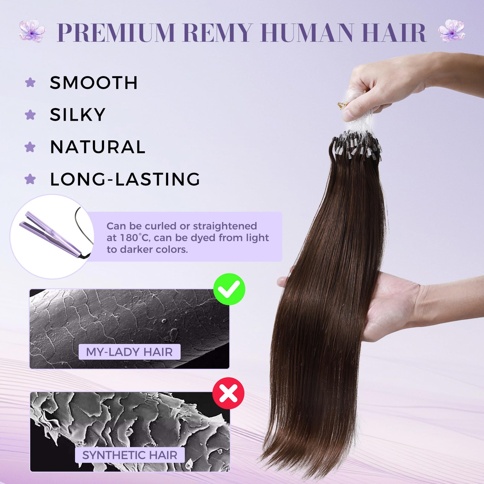 MY-LADY Microring Extensions Echthaar Schokoladenbraun, Extensions Echthaar Microring Invisible Natürlich Micro Loop Hair Extension Glatt Balayage 50g 1g/s 55cm (#04)