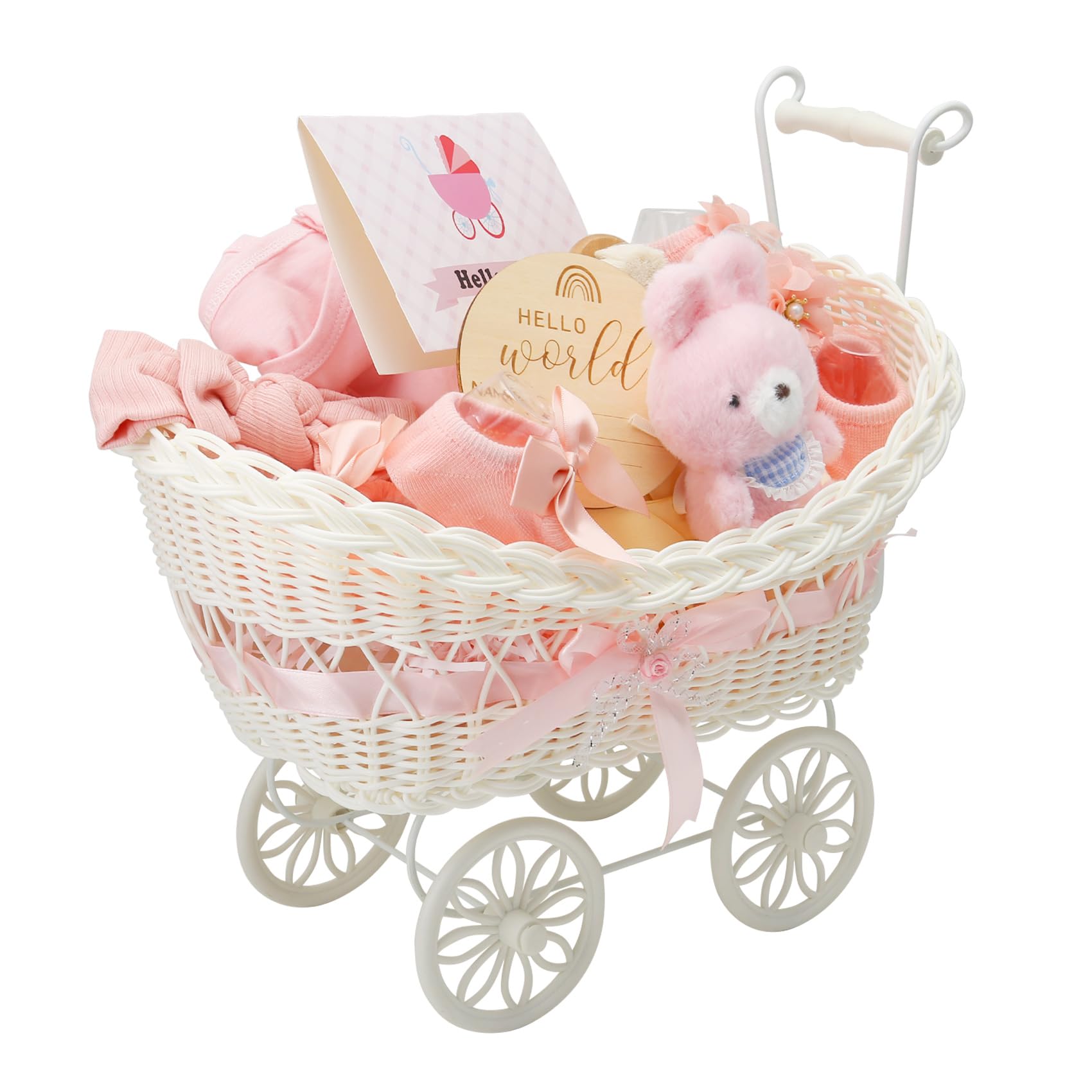 17 PCS Baby Shower Gifts for New Born Baby Baby Hampers Gift Basket Unisex with Rattle for Gender Reveal Gifts Basket with Rattle Swaddle Blanket (Pink)