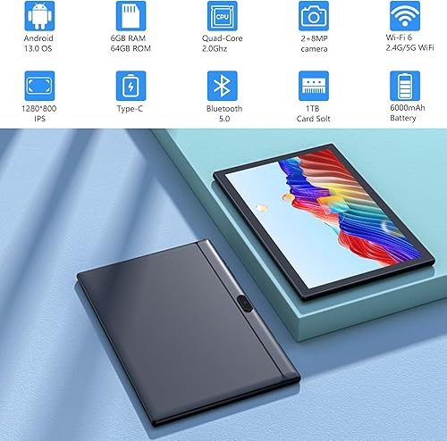 Miniatura 2 de Tableta 2 en 1 10 pulgadas Android Tablet Set, Tabletas con funda para teclado Mouse Stylus 6GB+64GB Soporta 1TB expansión 6000mAh batería 5G-WiFi