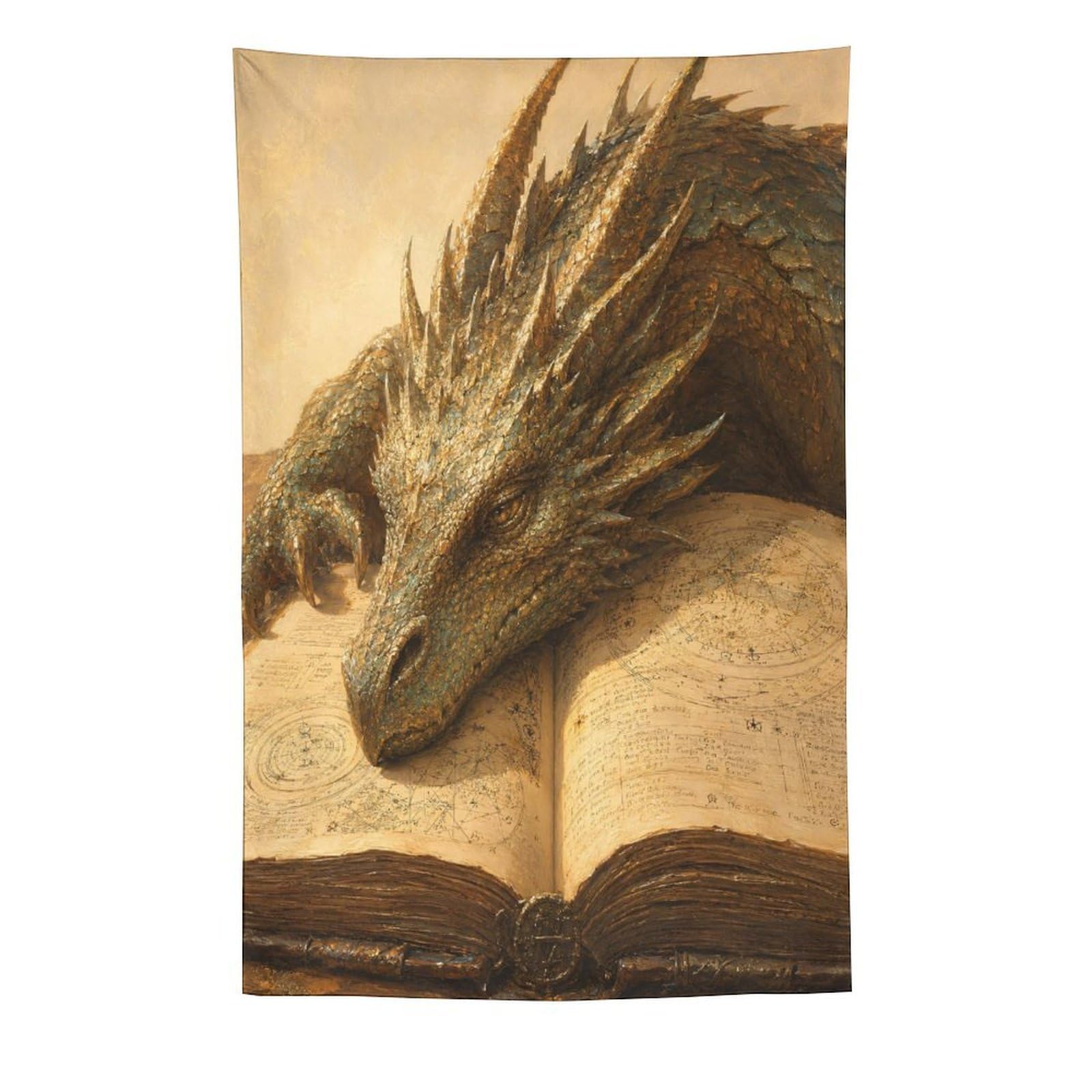 W7C8U2X3 Golden Dragon Sleeping on Book Wall Tapestry, Surrealist Style