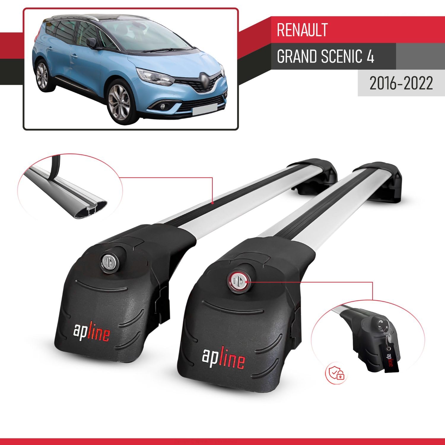 Compatible avec Renault Grand Scenic 4 2016-2022 ACE-2 Modèle Barres de Toit Railing Porte-Bagages de Voiture Aluminium Gris 2 Barres