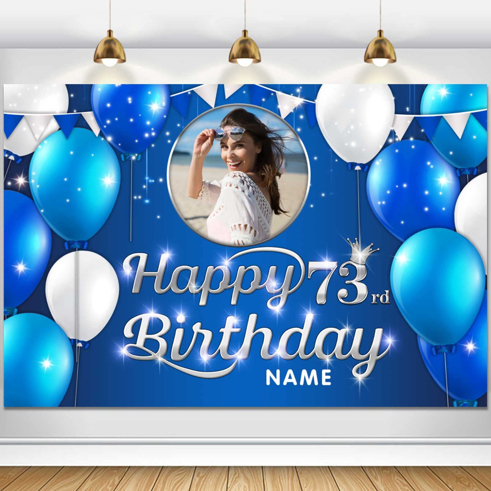 73rd Happy Birthday Banner - Large 3.77x5.9 Ft Backdrop, Black & Gold, With Hanging String