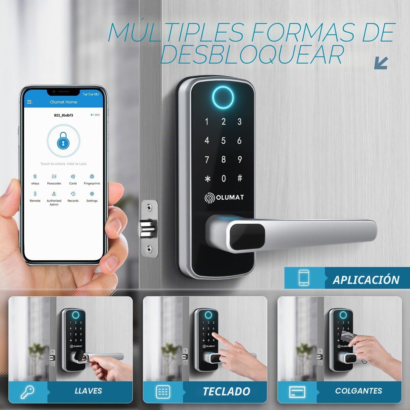 OLUMAT Cerradura de puerta de entrada sin llave con teclado digital con asa para el hogar, alquiler, oficina y hotel (plateado)