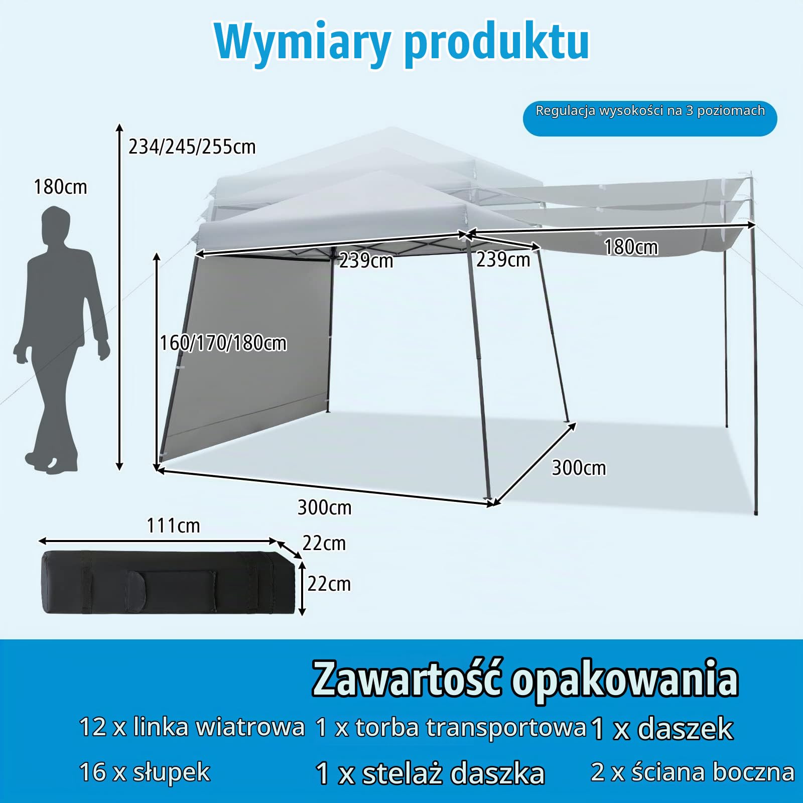 COSTWAY 3 x 6 m rozkładany pawilon ze ścianami bocznymi i markizami, składany pawilon wodoszczelny, stabilny, odporny na warunki zimowe, ochrona przed promieniowaniem UV 50+, namiot ogrodowy z torbą