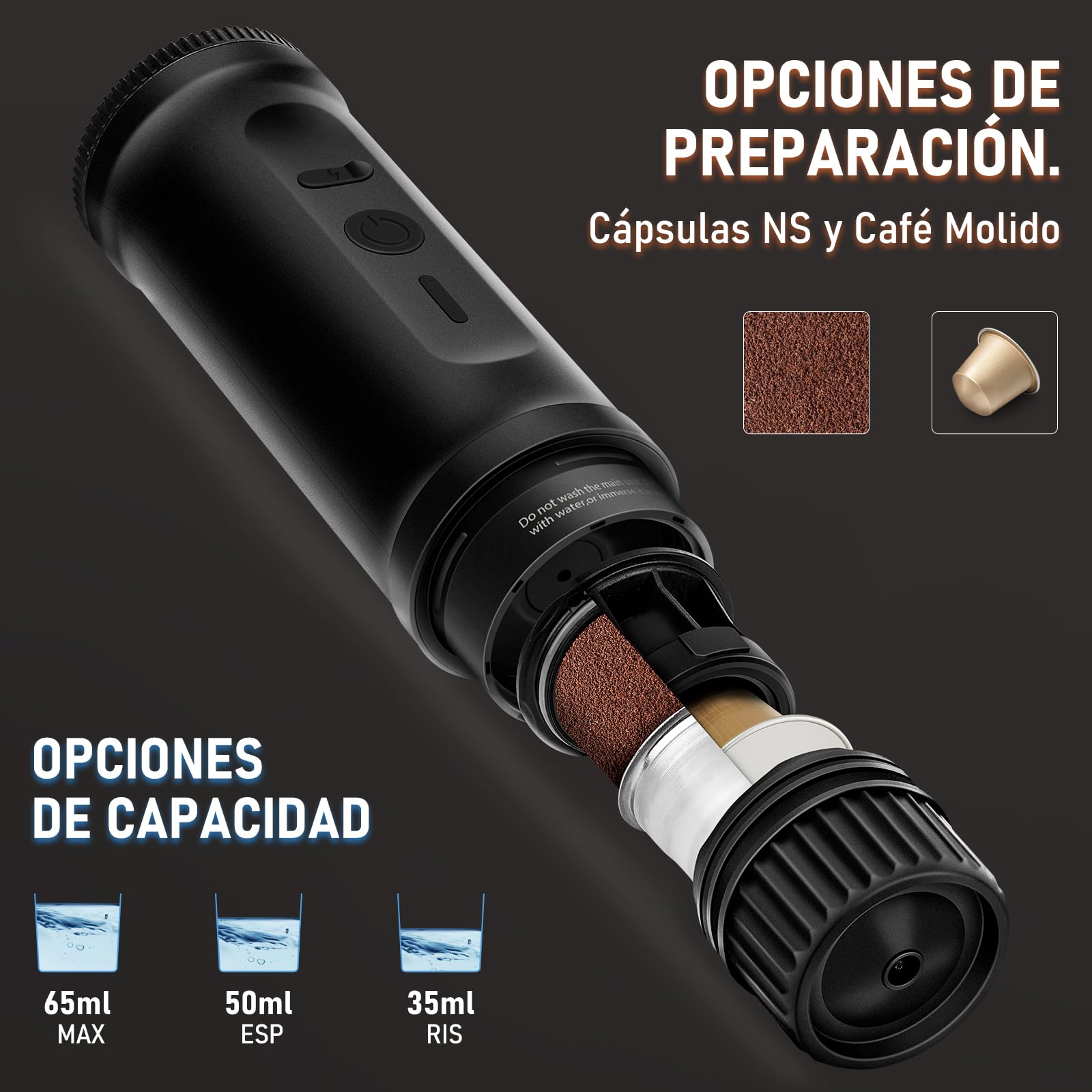 ICARE Cafetera Portatil, Compatible con Cápsulas NS y Café Molido, Calefacción Integrada, Carga Rápida USB-C, Indicador de Batería, Ideal para Acampadas, Senderismo, Viajes y Autocaravanas (Negro)