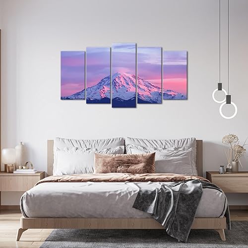 Miniatura 5 de LevvArts - Lienzo grande impreso para pared, puesta de sol rosa en el monte Rainier, gama de cascadas, pinturas de imagen de 5 paneles, impresiones