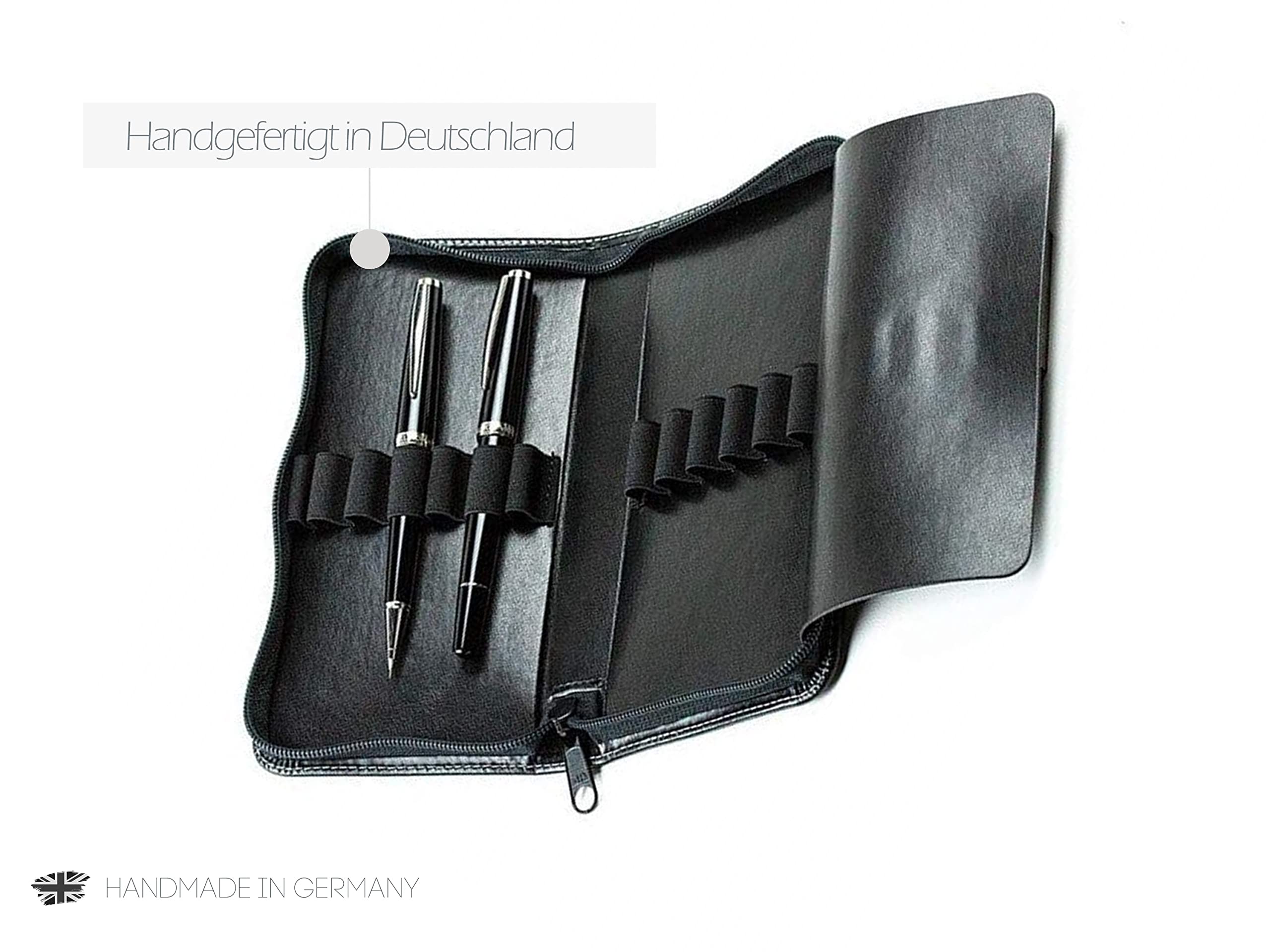 DELMON VARONE - Personalisierbares Federmäppchen Cambridge Top Grain Leder schwarz, Damen & Herren Echtleder Schreibgeräteetui, Federtasche mit Reißverschluss für 13 Schreibgeräte inkl. Schutzwand