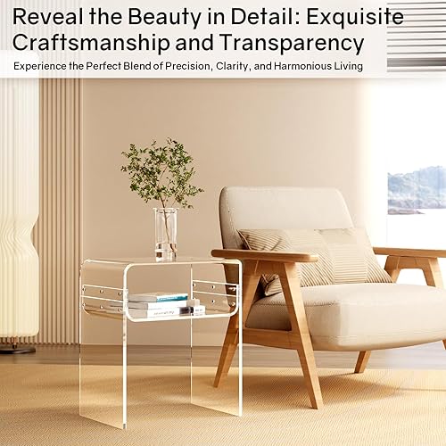 Miniatura 7 de Joogto Mesa auxiliar acrílica, mesa auxiliar de acrílico transparente de 2 niveles con soporte de acero inoxidable, mesita de noche acrílica junto a