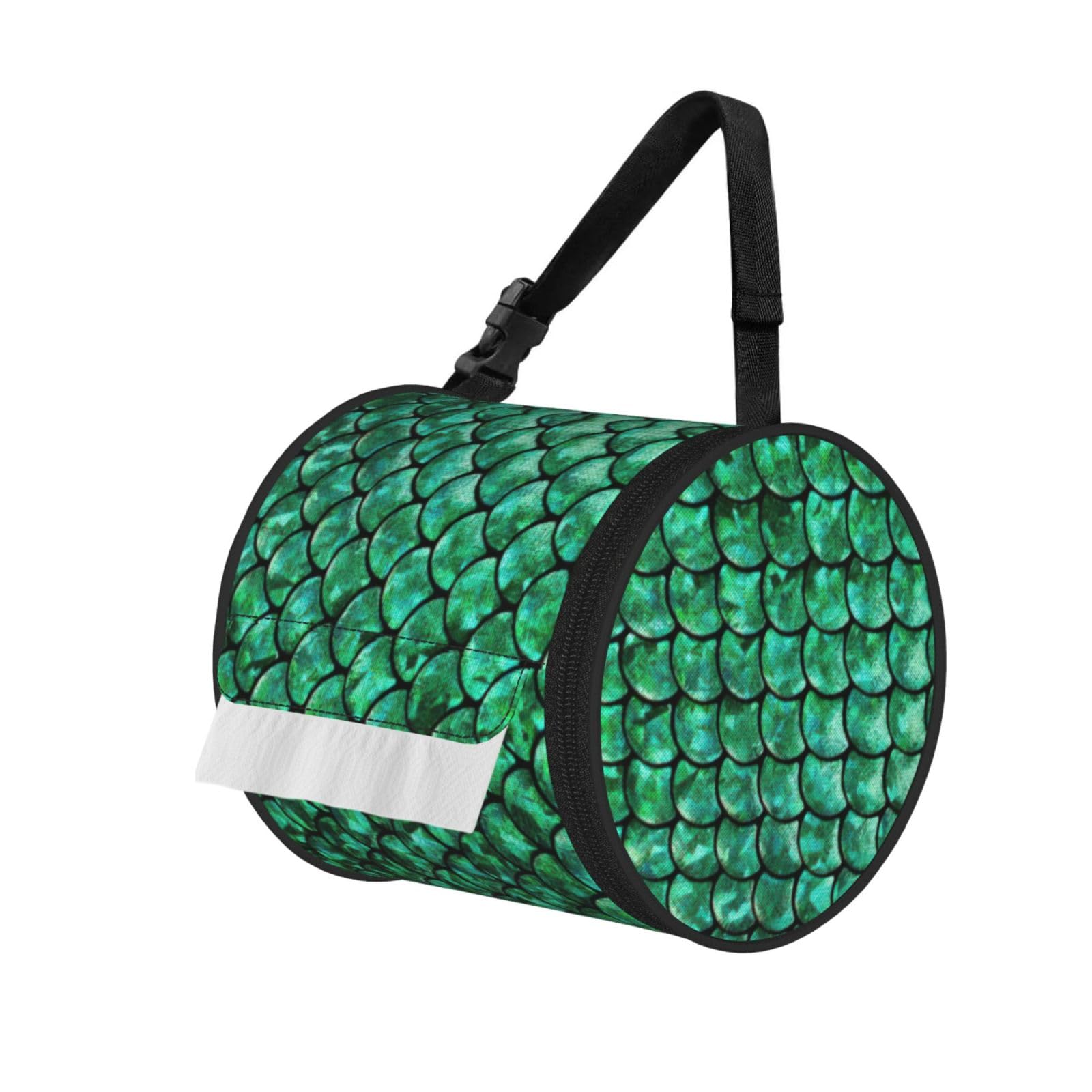 Green Fish Scales Printed Hanging Tissue Organizer, Smooth Zipper Oxford Cloth Roll Holder for RV Bathroom Desk