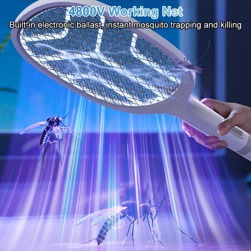 DANGZW Raquette Moustique Electrique, 4800V Raquette Electrique Insectes 2en1 avec Base de Charge USB, Batterie Rechargeable 1800mAh & LED UV, Raquette Anti Moustique Electrique pour Chambre, Camping