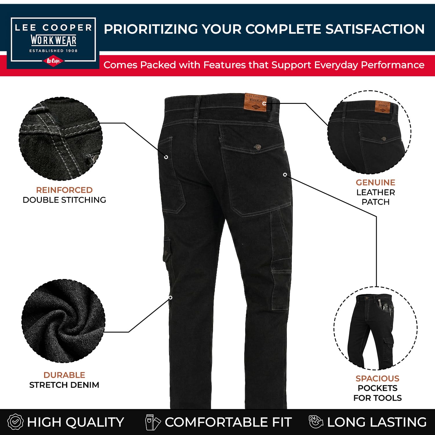 Lee Cooper Vaqueros Cargo Hombre Regular Fit – Pantalón Denim Stretch Multi Bolsillos, Jeans Trabajo Carpenter Resistente Workwear Construcción