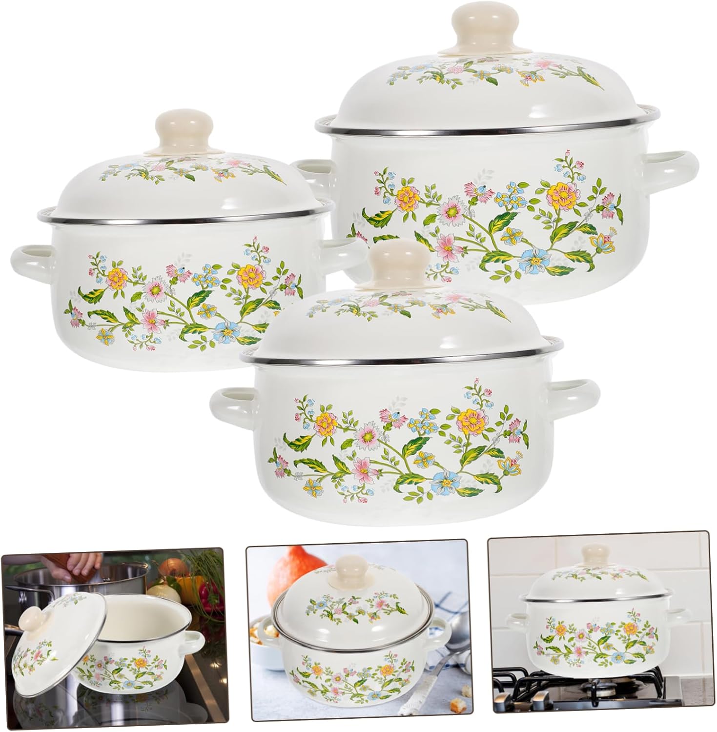 3-Piece Enamel Soup Pot Set Flat Bottom Cooking Pot for Pasta and Soup Vintage Kitchen Stockpot Dual Handles for Home Cooking