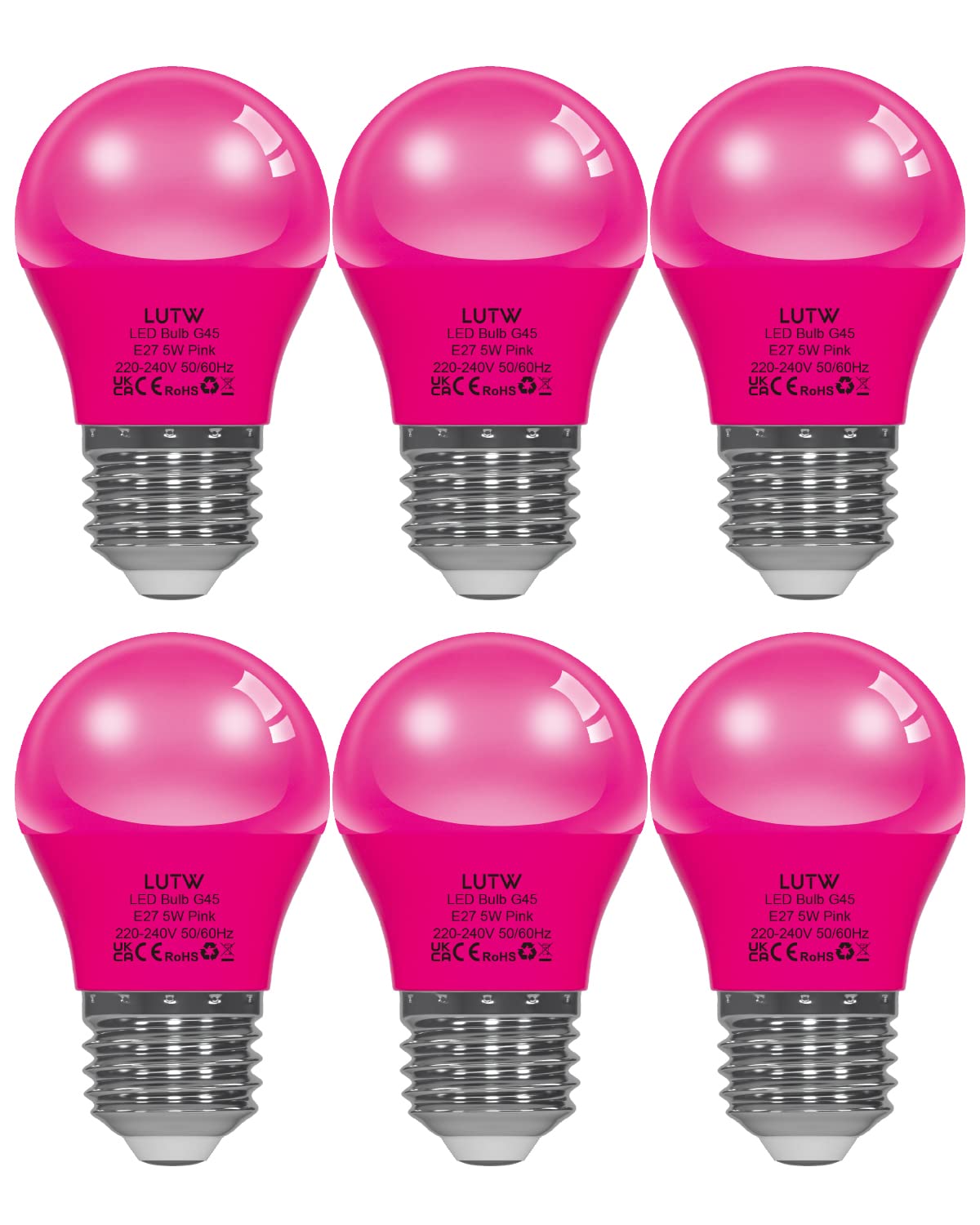 LUTW E27 LED Light Bulb Pink, 40 Watt Equivalent, Lighting Bulbs for Christmas Holiday Halloween Party Decoration, A15/G45 LED Lighting Coloured Bulbs, 5W 450LM Non-Dimmable, Pack of 6