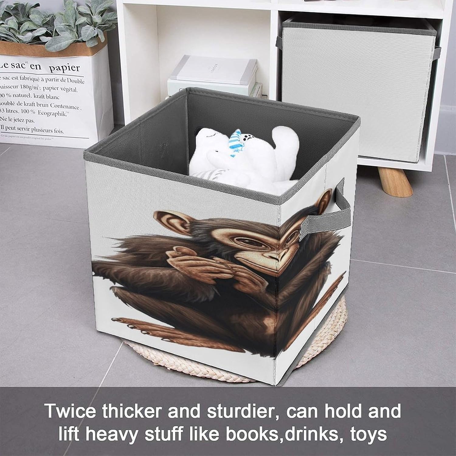 Sitting Monkey Fabric Bins Storage Basket Square Baskets | Storage Bin with Double Handles,Cube Collapsible Organizers for Organization,Closet,Shelves,Offices