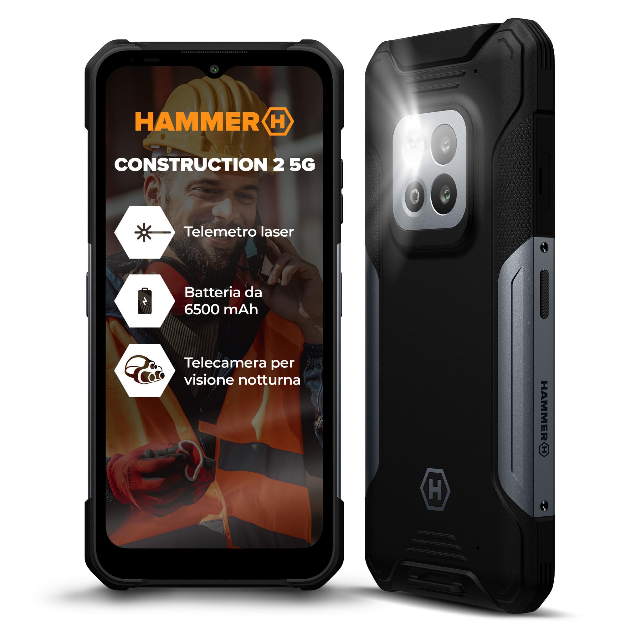 Hammer Construction 2 5G smartphone ultra-robusto IP69, righello laser da 50 m, 6+8 GB RAM, Android 14, fotocamera da 50 MP con modalità visione notturna, batteria da 6500 mAh con funzione power bank