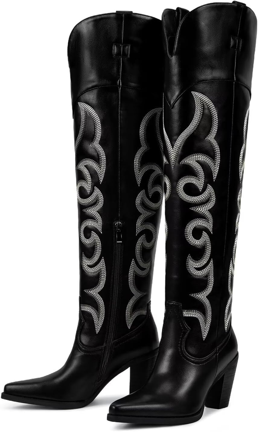 ISNOM Knee High Cowboy Cowgirl Boots for Women, Western Boots with Pull On Tab, Chunky Heel Design, Unique and Stylish - Image 5