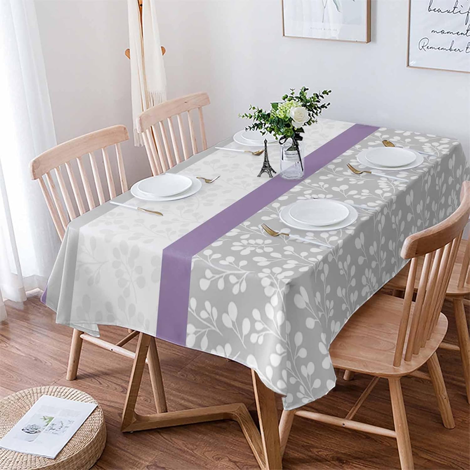 Rectangle Waterproof Table Cloths Purple Grey Stripe Stitching Tablecloths Topper Cover Rustic Pastoral Flwoer Kitchen Dining Tablecloth for Indoor Outdoor Wedding Tables