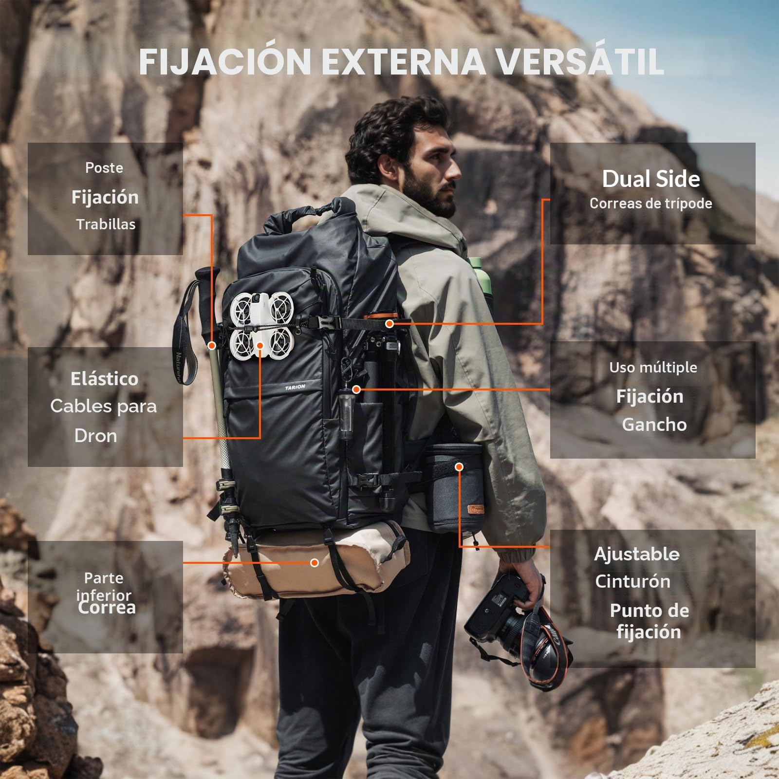 TARION Mochila Fotografía Expandible Senderismo - 35L Mochila Cámara Urbana Impermeable - Espacio Drone Trípode Portátil 16 Pulgadas DSLR SLR XProber