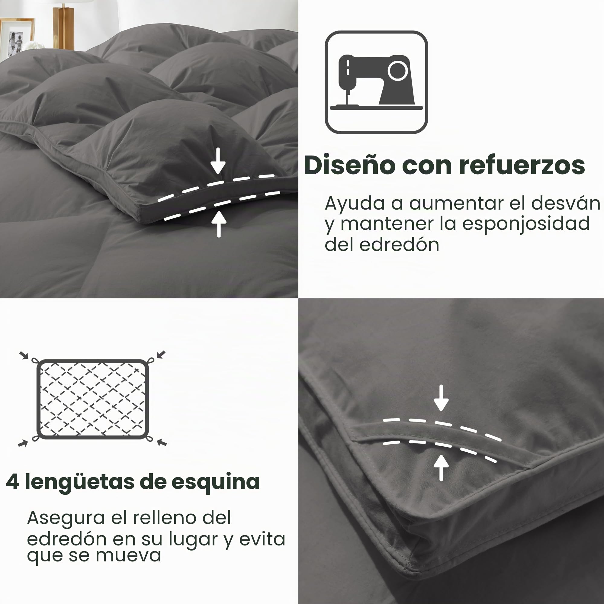 Deodar Edredón Cama 135/150 | Edredón 220x240 para 2 Personas | Relleno de Plumón de Ganso Blanco y Plumas 420 GR/m² | Funda Nórdica 100% Algodón | Lavable | Öko-Tex y RDS | Gris Oscuro