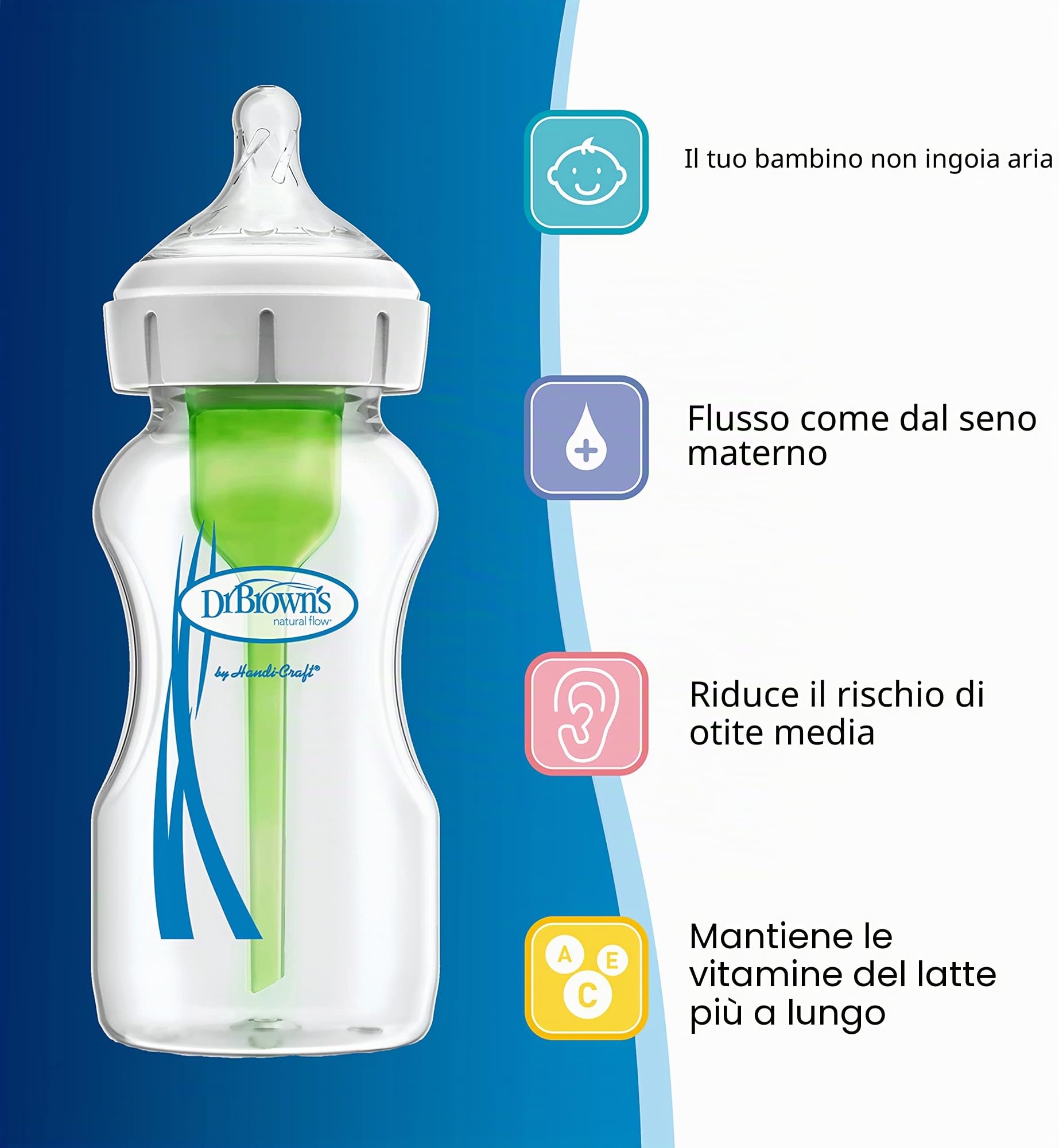 Dr. Brown'S Options +, Biberon a bocca larga, 150 ml, trasparente