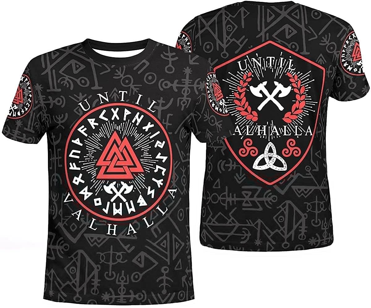 XBOMENMen's Viking Odin Logo Valknut Hoodie Walhalla Pullover T-Shirt Hooded Sweater Viking Style Men's Clothing with Pockets (Color : Tshirt, Size : Small)