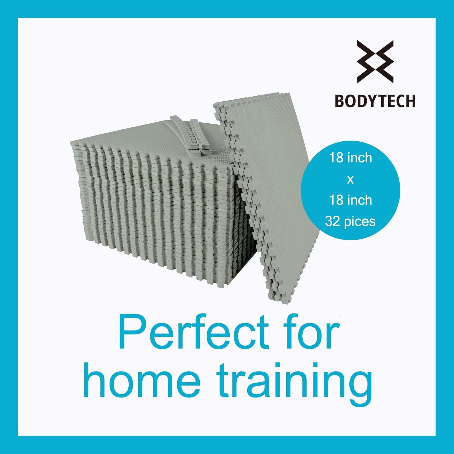 BODYTECH Puzzle Exercise Mat Interlocking Foam and Tile Mats for Home Gym. Floor Padding for Small Child. Gray Color 18 x 18 x ½ Thick 32 Sheet 72 SQFT