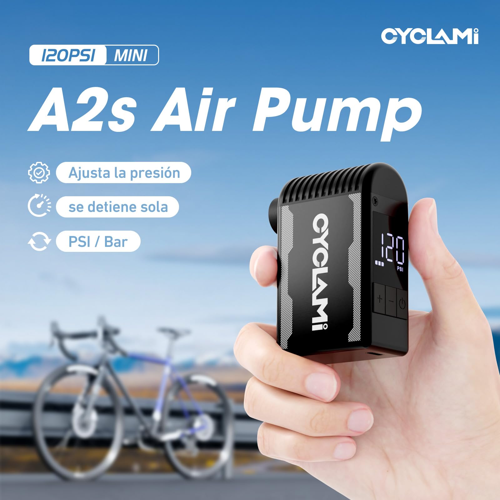 A2S Bomba de Bicicleta 120PSI Mini Eléctrico de la Bicicleta con Manómetro Digital Bomba Portátil Parada Automática con Válvulas Presta y Schrader para Bicicletas de Carretera y de Montaña