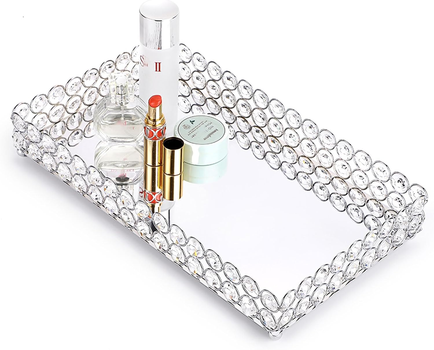 Hipiwe Crystal Cosmetic Vanity Tray, Mirrored Decorative Jewelry Organizer Tray for Perfume, Trinket, Makeup Display Dresser Home Decor (Large, Silver)