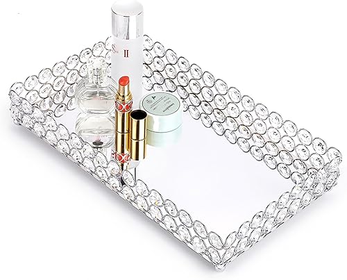 Hipiwe Bandeja de maquillaje de cristal para cosméticos, bandeja grande con espejo para tocador, bandeja organizadora de joyas, bandeja decorativa