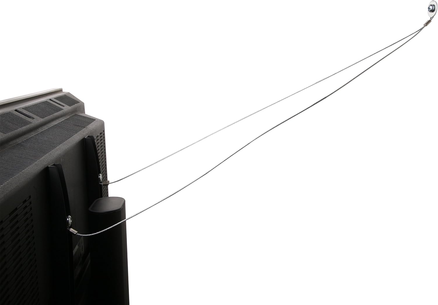 Safety cable attached from the back of a television to a wall anchor point.