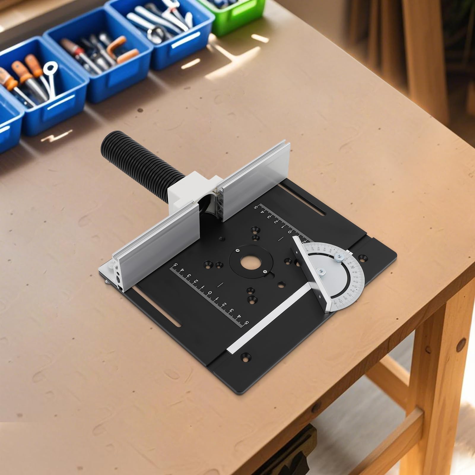 Frästisch Einlegeplatten Router Table Insert Plate Tischfräse Einlegeplatte für Oberfräsen Aluminiumlegierung mit Klarer Skala Gehrungslehre 180° Gedreht Werden 24 * 20cm Schwarz