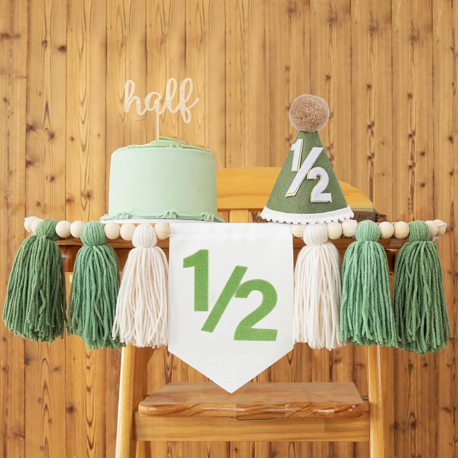 Birthday Boy Half Birthday Decorations High Chair Banner, 6 Month Tassel Wood Bead Highchair Garland Blue (Half Green)