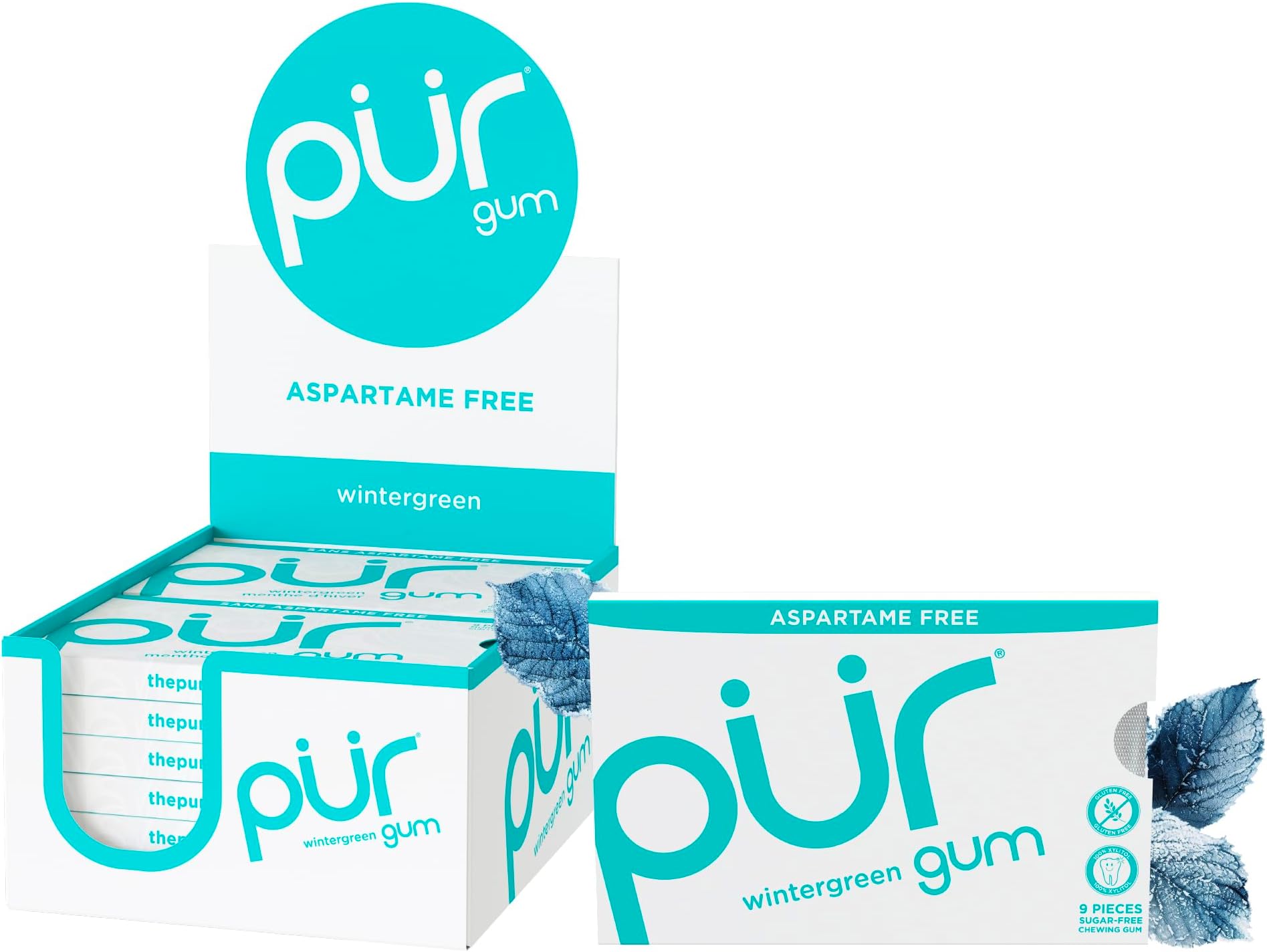 PUR Gum | Sugar Free Chewing Gum | 100% Xylitol | Vegan, Aspartame Free, Gluten Free & Diabetic Friendly | Natural Wintergreen Flavoured Gum, 9 Pieces (Pack of 12)
