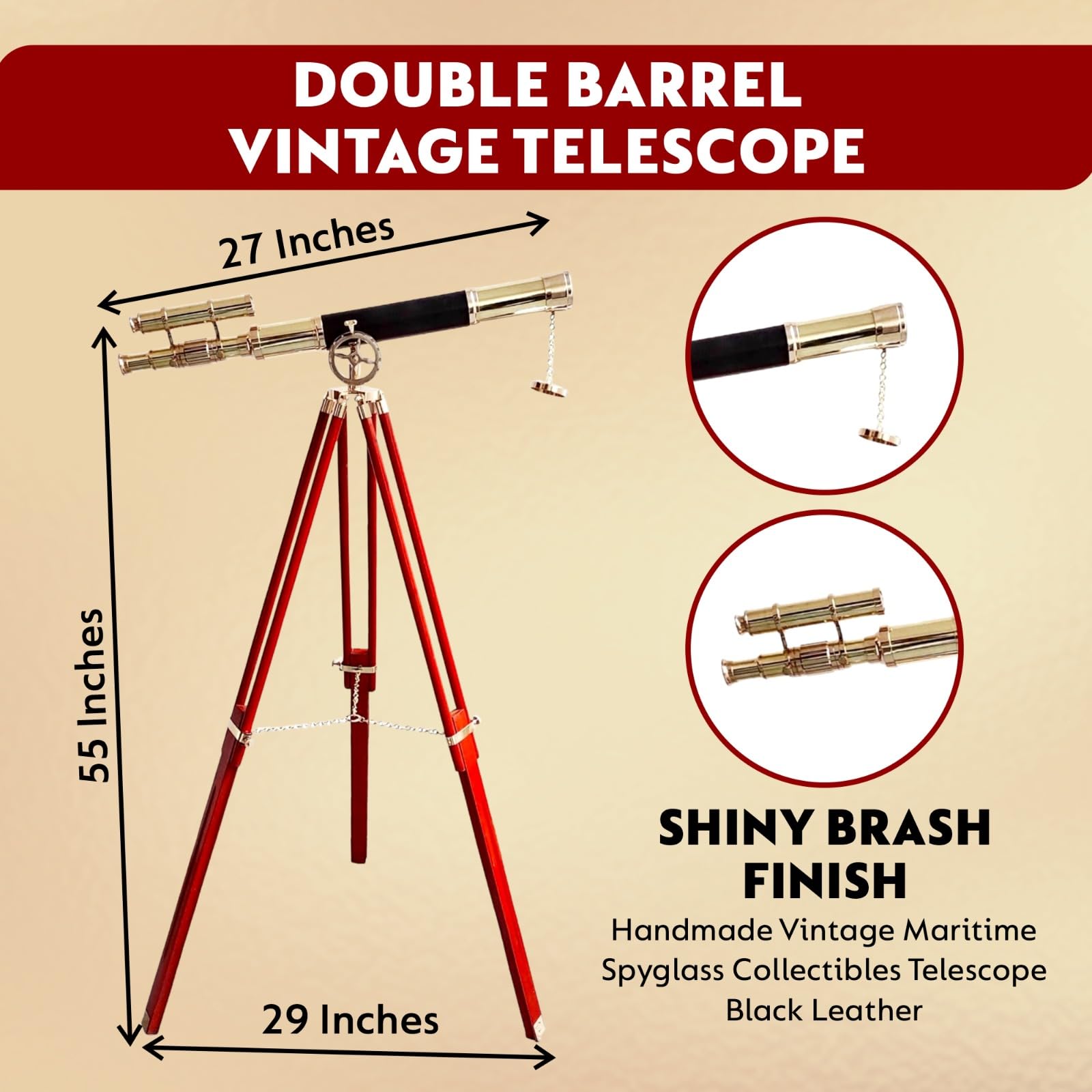 Double Barrel Vintage Telescope Shiny Brass Finish Wooden Brown Nautical Tripod Telescopes Spyglasses Leather Sailor Boat Decor Collectibles - Navirock